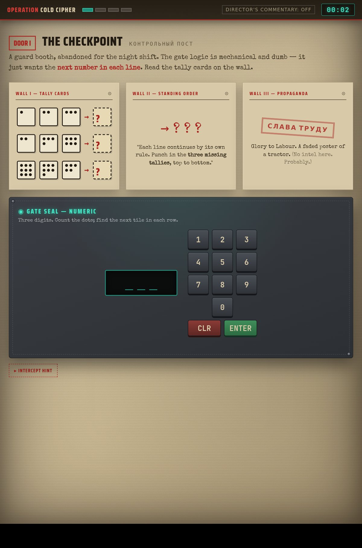 One self-contained page: a Cold War operation, clue boxes on the walls, a keypad on the door. No engine, no 3D.