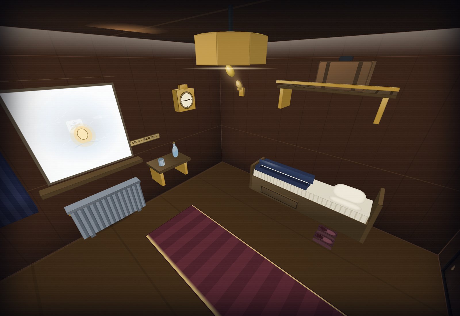 Night train — a sleeper cabin, the story in the window, the clock, the berth.